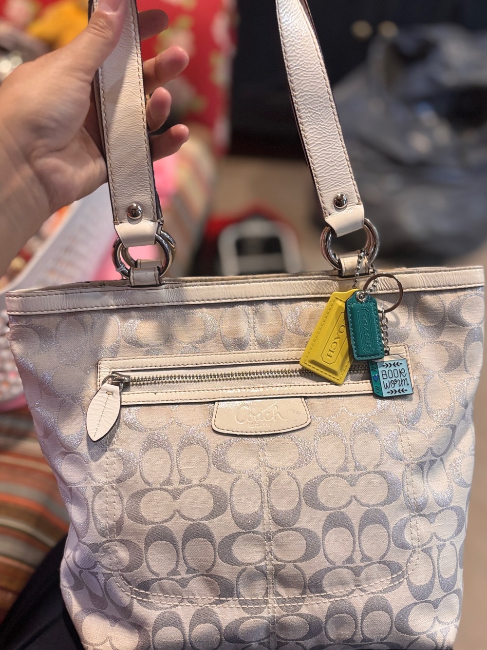 Coach Pale Pink Signature Shoulder Tote with Yellow & Teal Charms